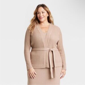 Ava & Viv Tan Ribbed Belted Sweater Cardigan, Size 3X